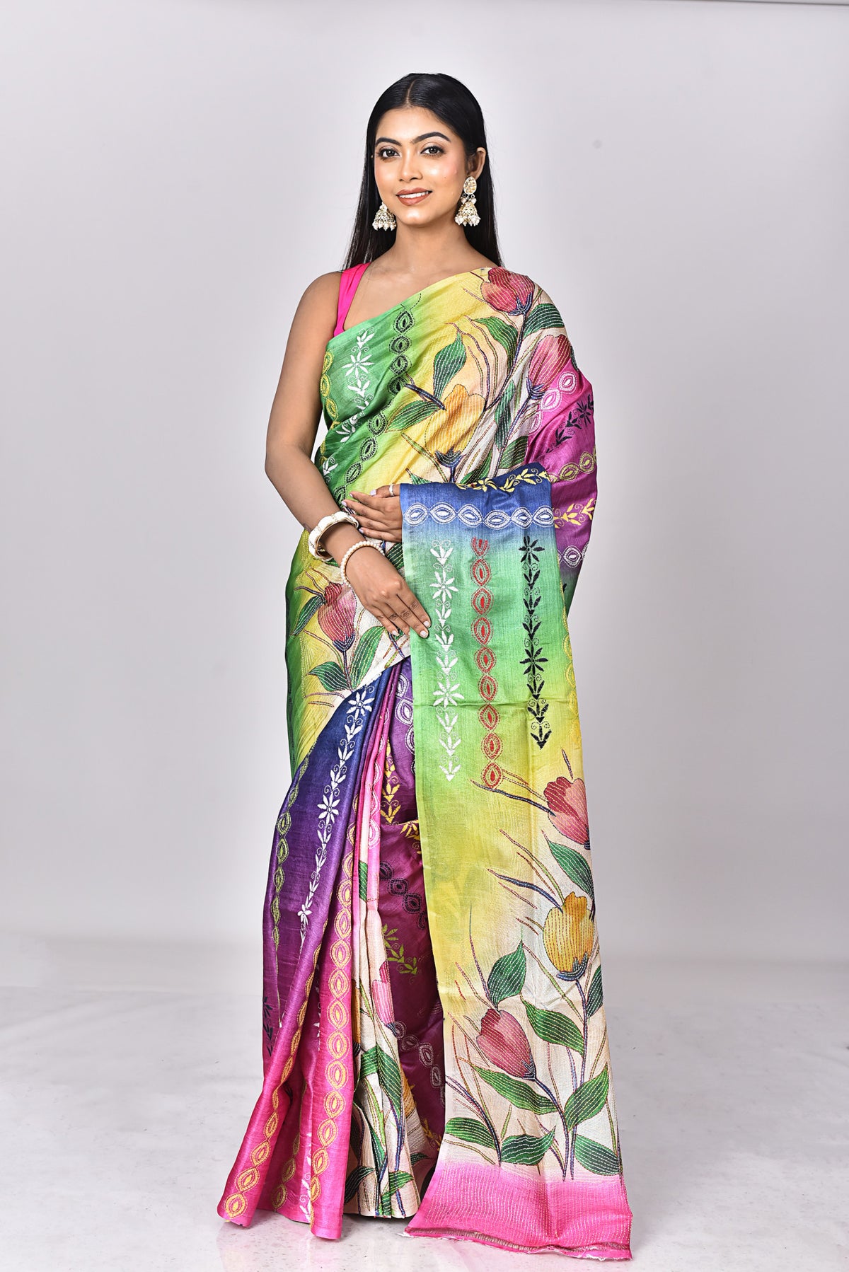 TUSSAR HANDPRINT KANTHA SAREE