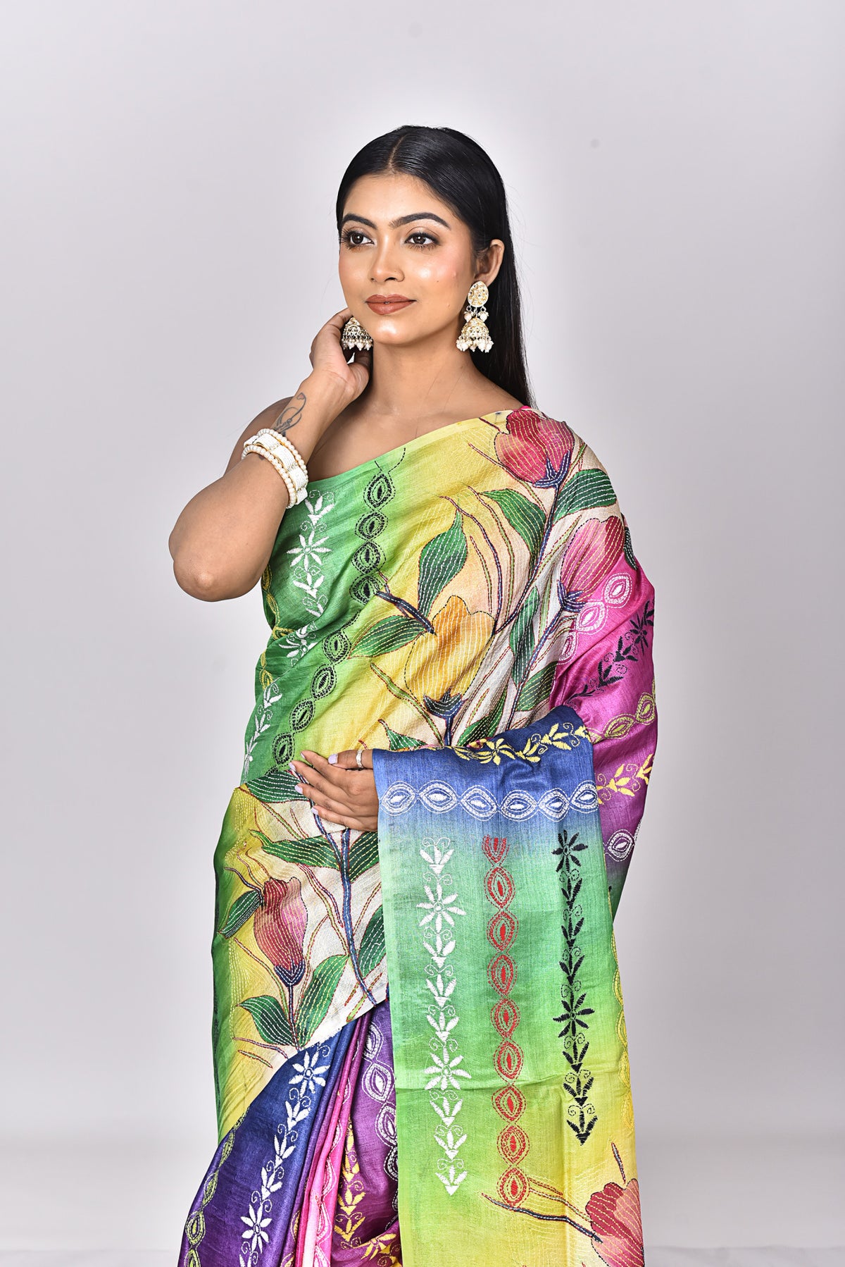 TUSSAR HANDPRINT KANTHA SAREE