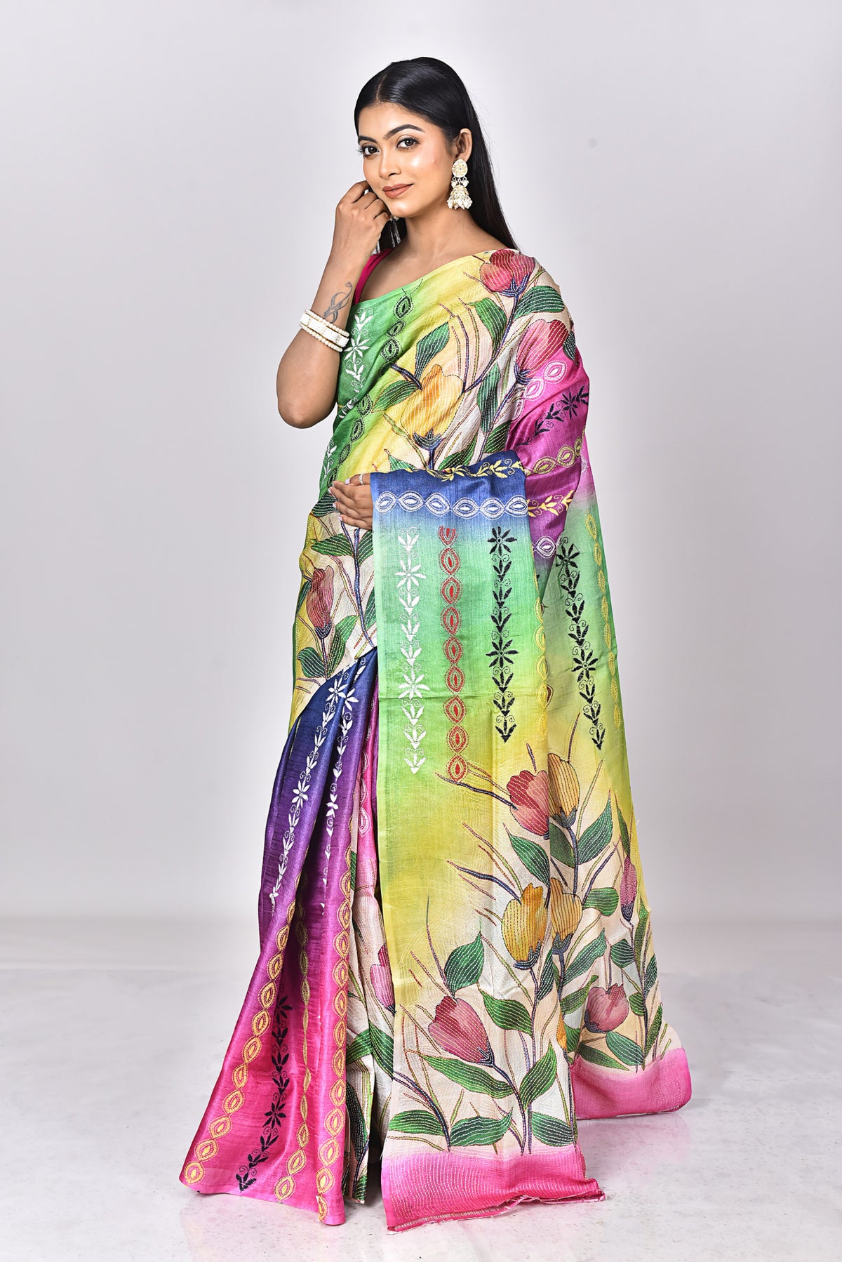TUSSAR HANDPRINT KANTHA SAREE