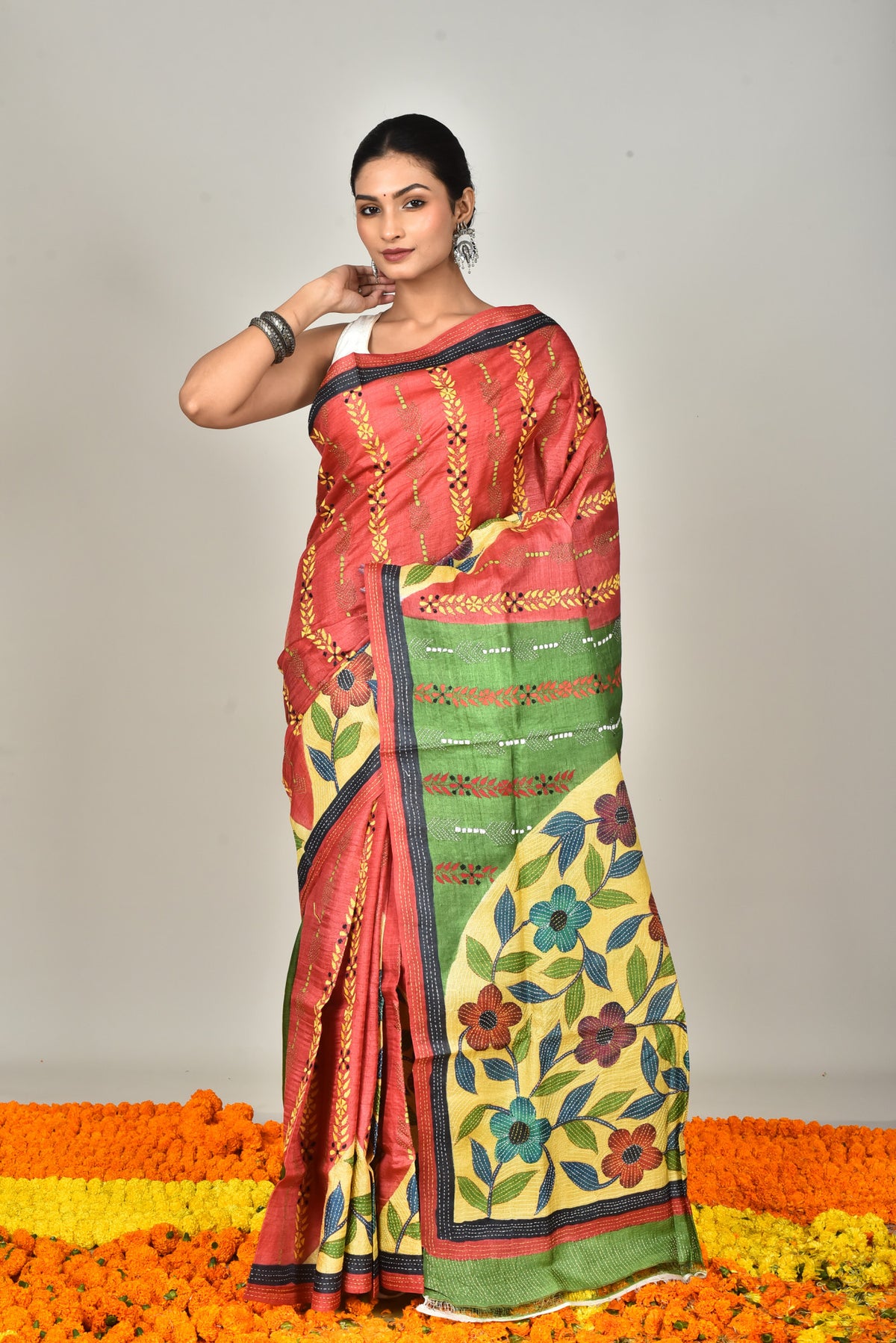 TUSSAR HANDPRINT KANTHA SAREE