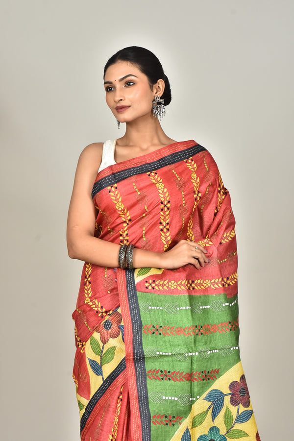 TUSSAR HANDPRINT KANTHA SAREE