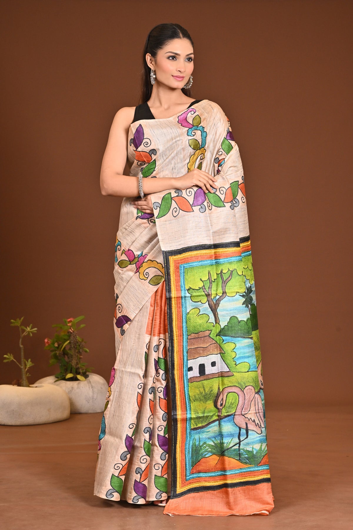 TUSSAR SILK HAND PRINT SAREE
