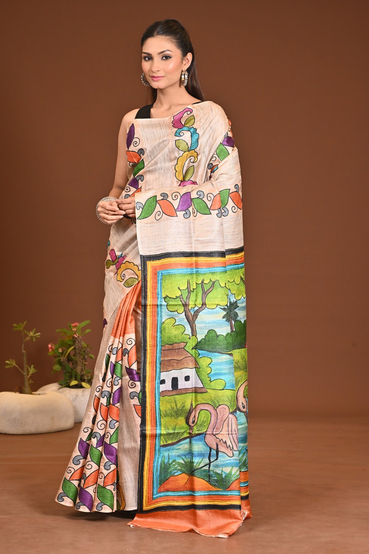 TUSSAR SILK HAND PRINT SAREE