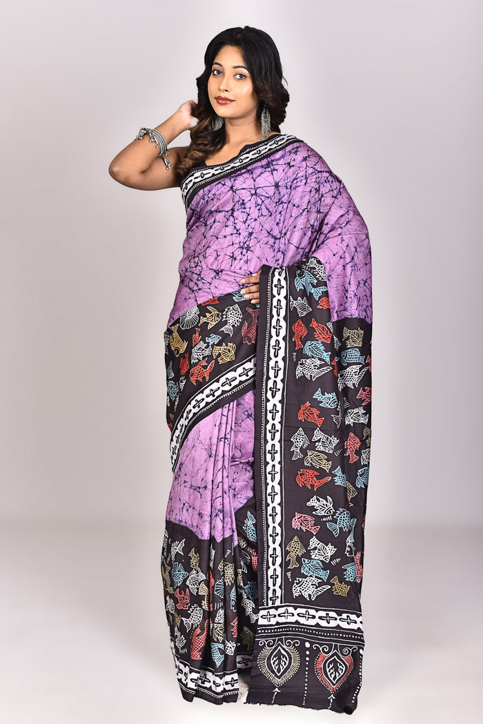 Women's Katan Silk Handbatik Saree With Blouse Piece