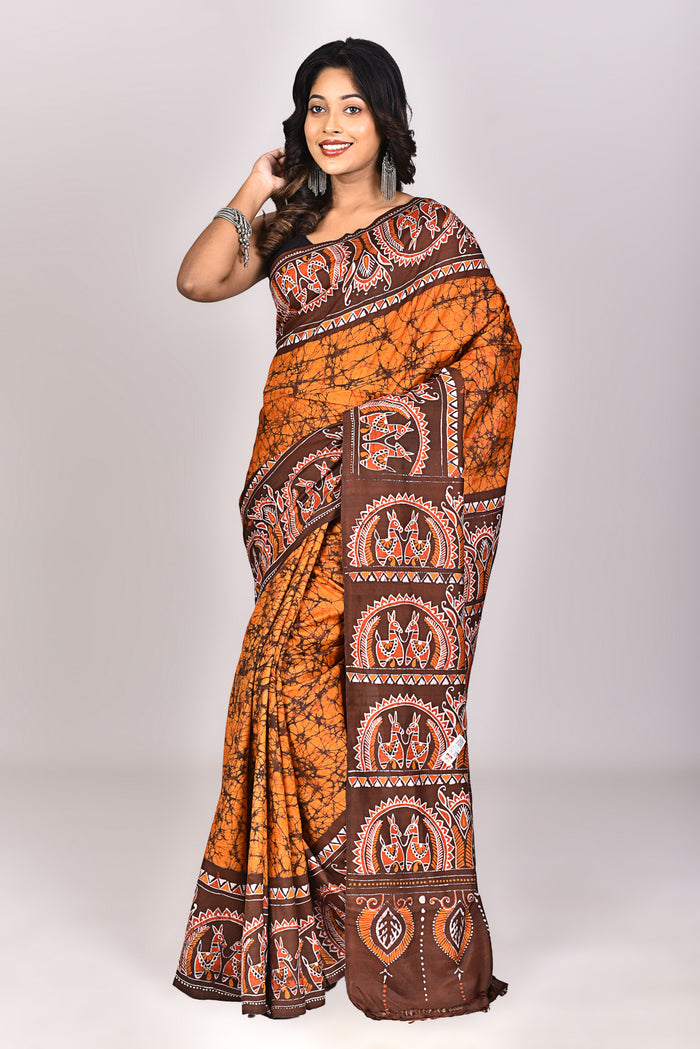 Women's Katan Silk Handbatik Saree With Blouse Piece