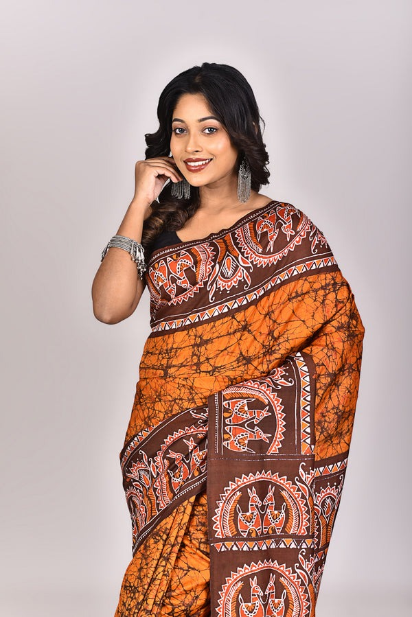 Women's Katan Silk Handbatik Saree With Blouse Piece