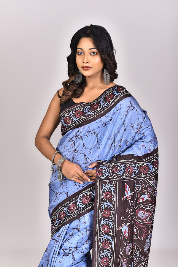 Women's Katan Silk Handbatik Saree With Blouse Piece