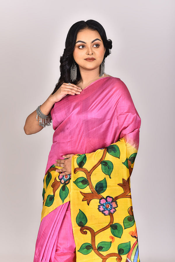 Women's Katan Silk Handprint Saree With Blouse Piece