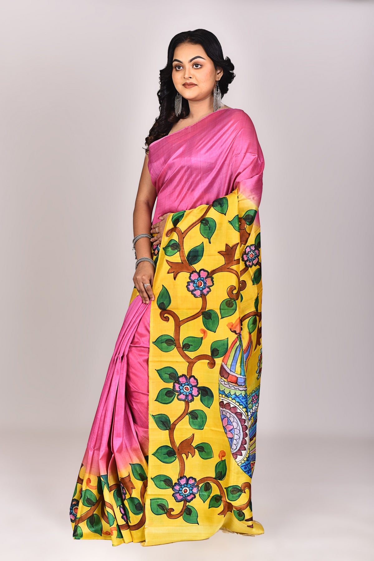 Women's Katan Silk Handprint Saree With Blouse Piece