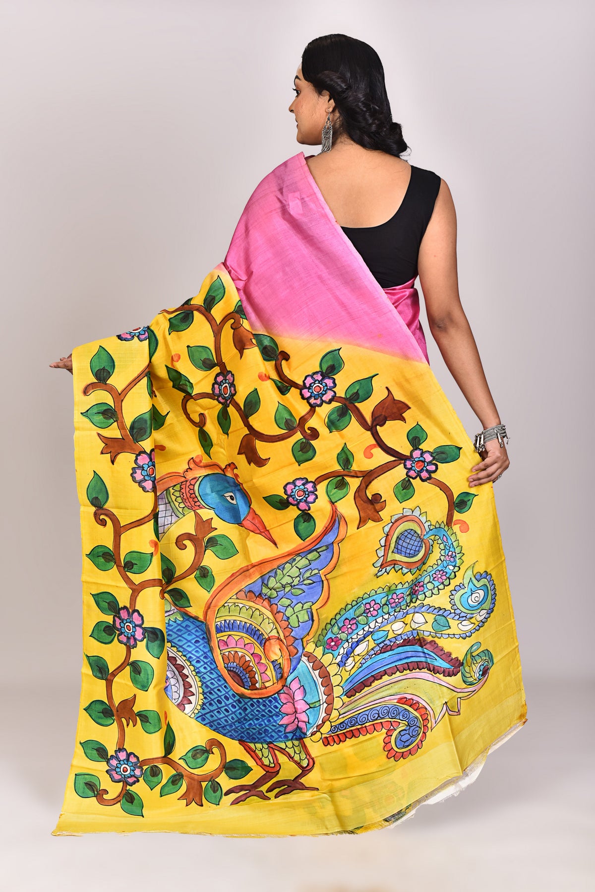 Women's Katan Silk Handprint Saree With Blouse Piece