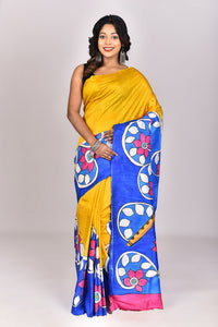 Women's Katan Silk Handprint Saree With Blouse Piece