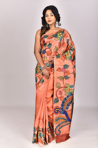 Women's Katan Silk Handprint Saree With Blouse Piece