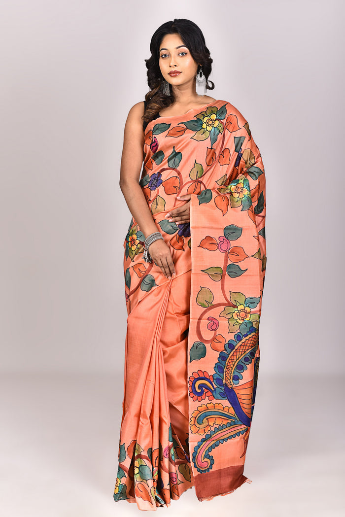 Women's Katan Silk Handprint Saree With Blouse Piece