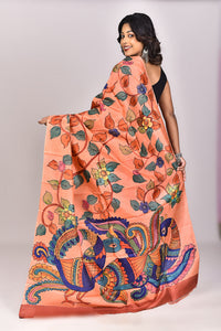 Women's Katan Silk Handprint Saree With Blouse Piece