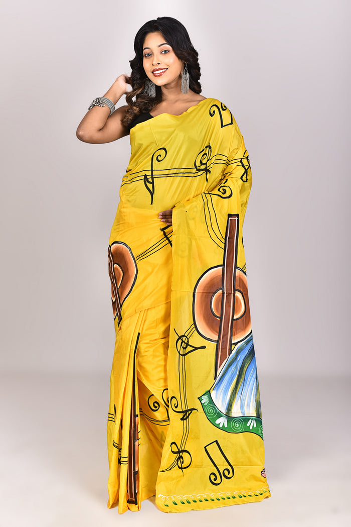 Women's Katan Silk Handprint Saree With Blouse Piece