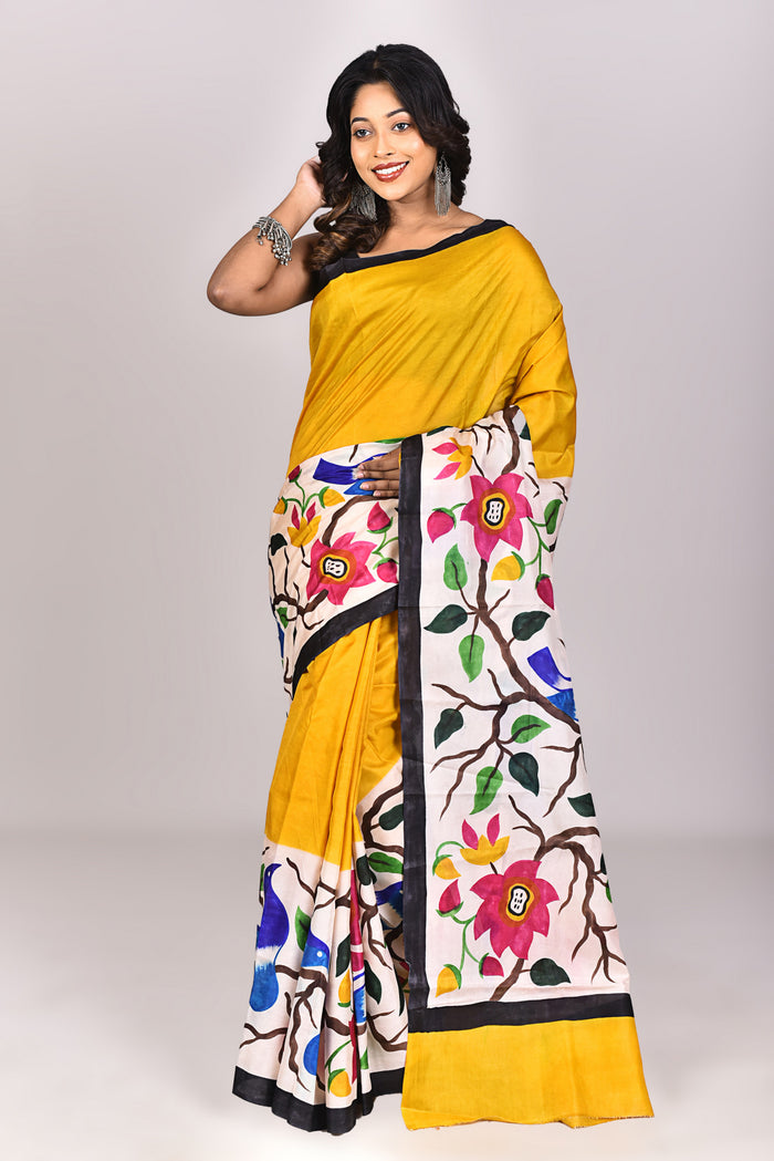 Women's Katan Silk Handprint Saree With Blouse Piece