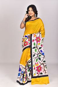 Women's Katan Silk Handprint Saree With Blouse Piece