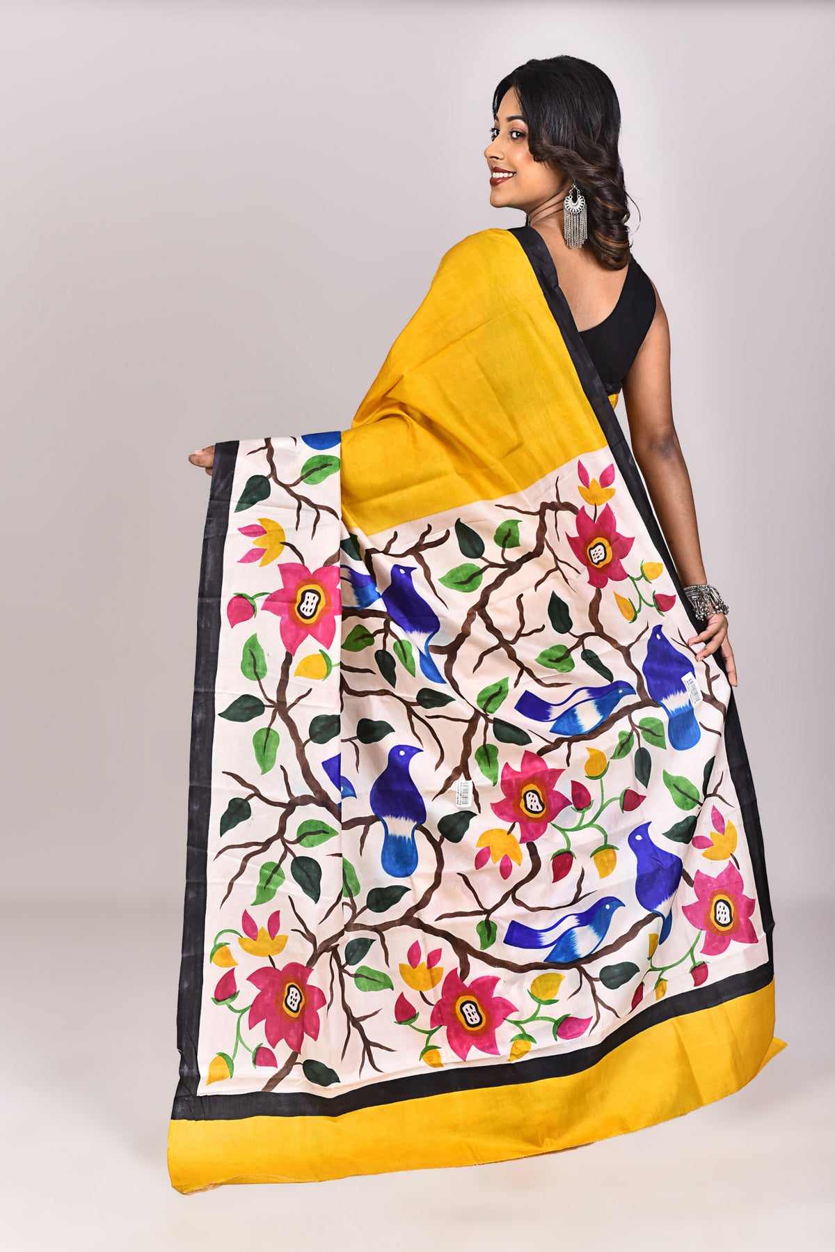 Women's Katan Silk Handprint Saree With Blouse Piece