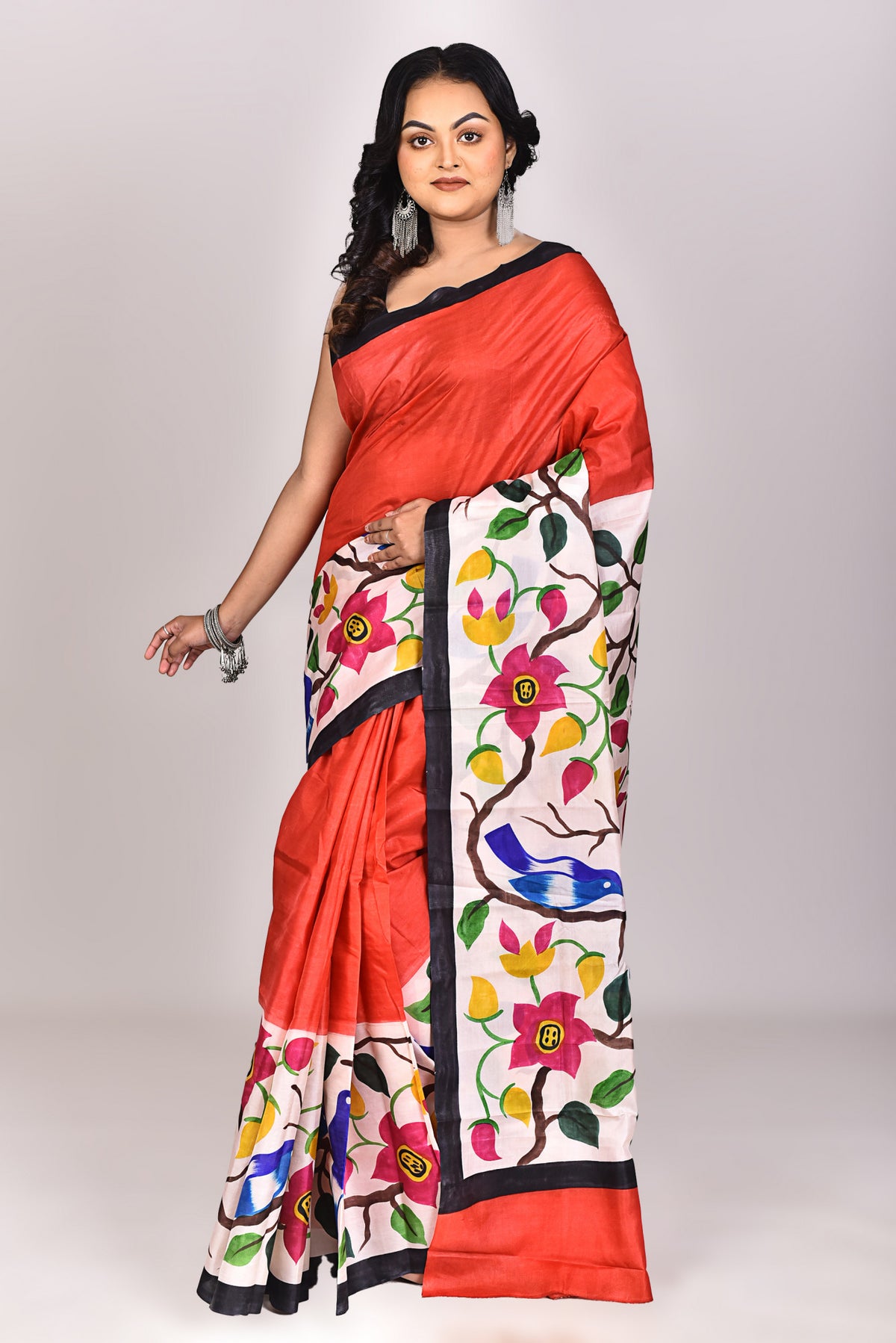 Women's Katan Silk Handprint Saree With Blouse Piece