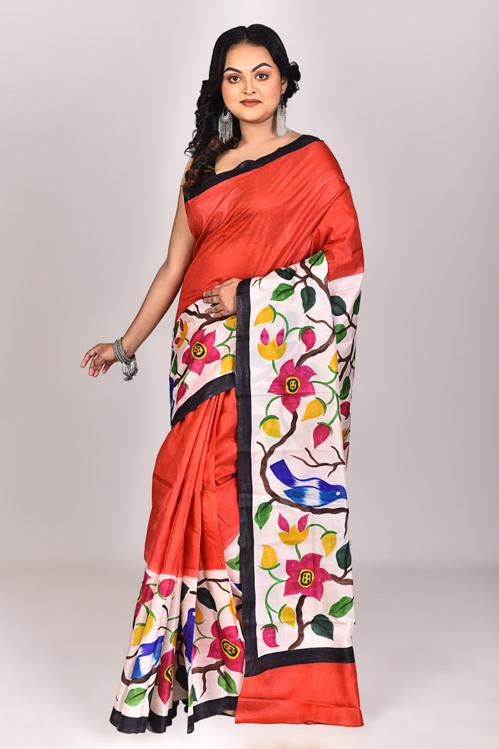 Women's Katan Silk Handprint Saree With Blouse Piece