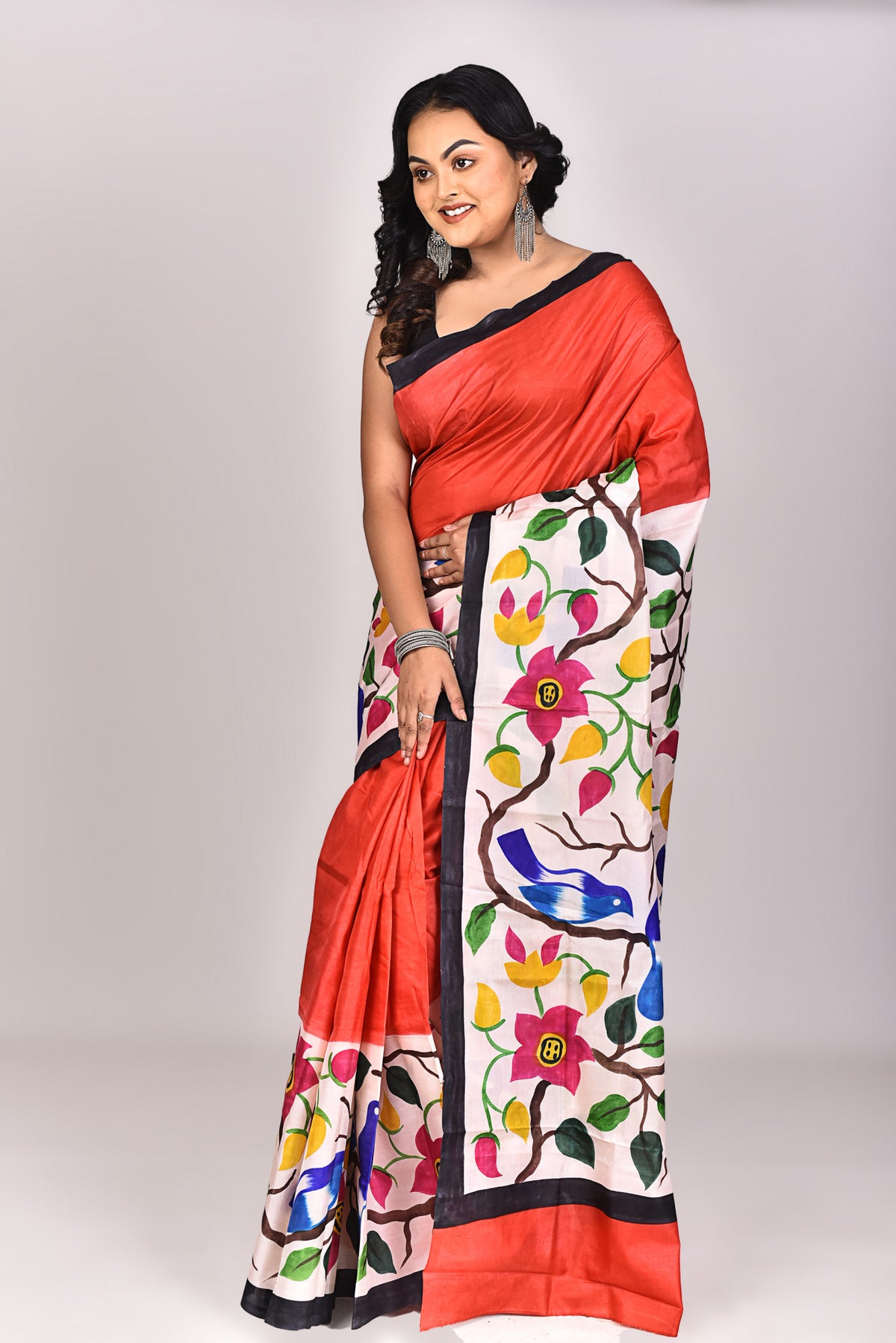 Women's Katan Silk Handprint Saree With Blouse Piece