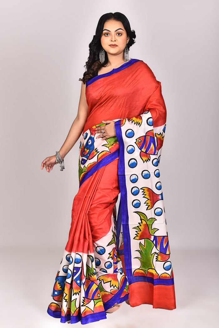 Women's Katan Silk Handprint Saree With Blouse Piece