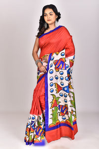 Women's Katan Silk Handprint Saree With Blouse Piece