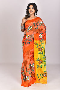 Women's Katan Silk Ikkat Handprint Saree With Blouse Piece