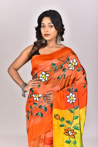 Women's Katan Silk Ikkat Handprint Saree With Blouse Piece