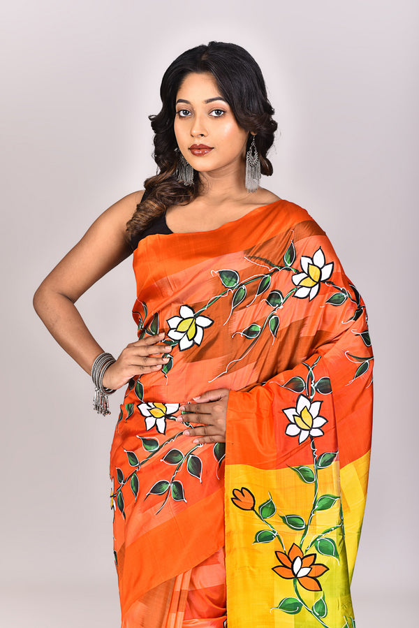 Women's Katan Silk Ikkat Handprint Saree With Blouse Piece