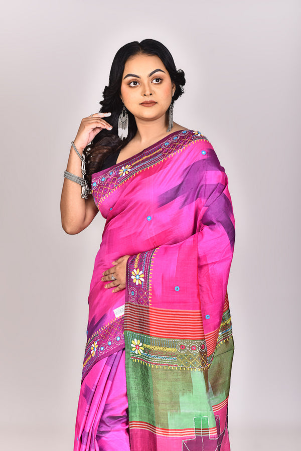 Women's Katan Silk Ikkat Lambani Saree With Blouse Piece