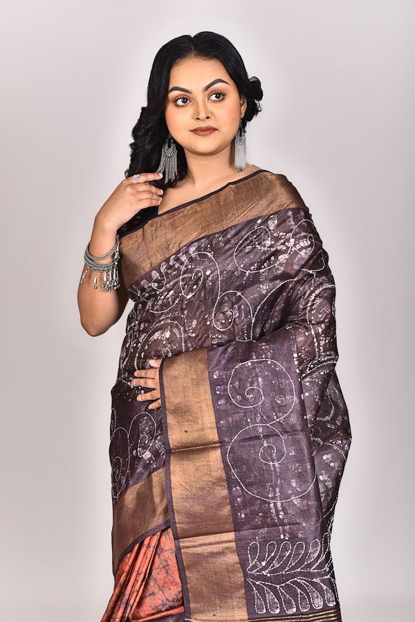 Women's Katan Silk Jari Tussar Batik Lambani Saree With Blouse Piece
