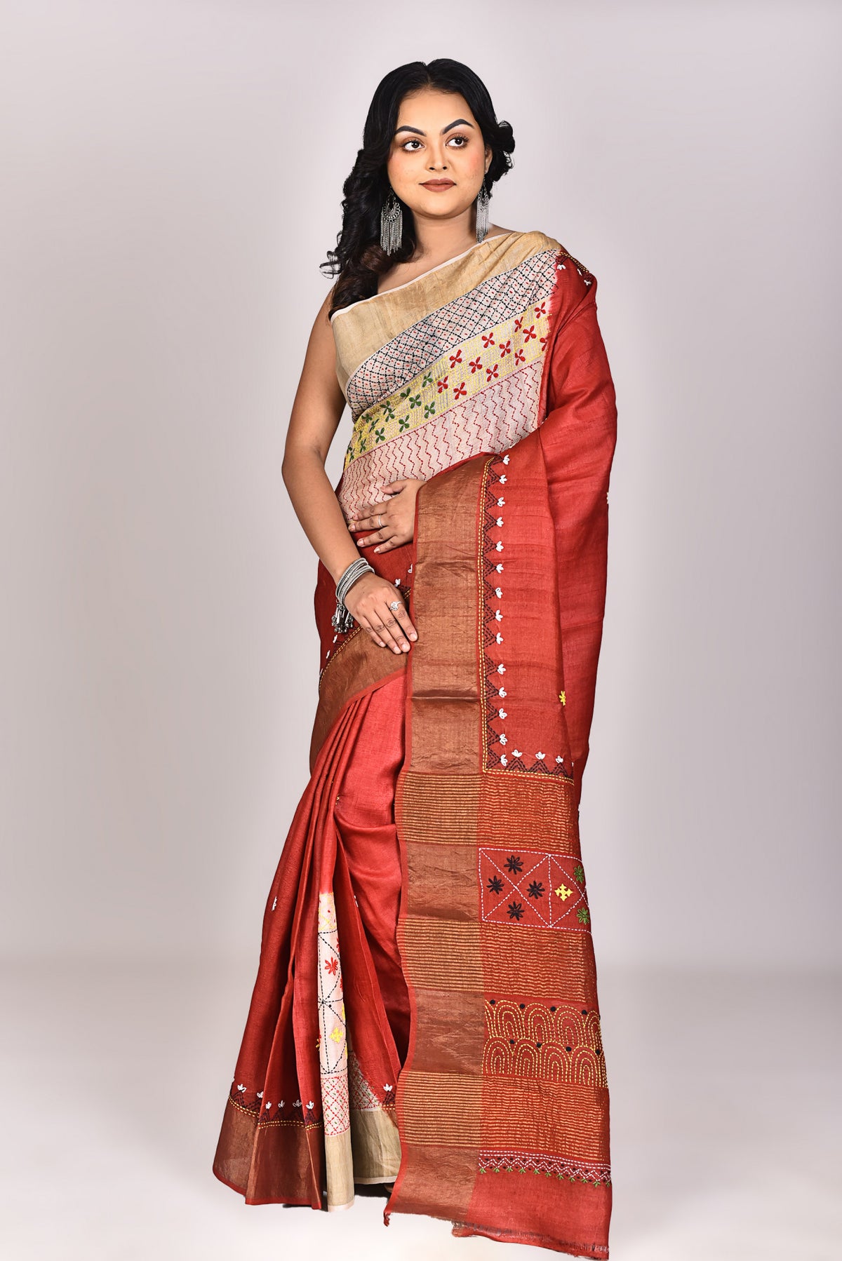 Women's Katan Silk Jari Tussar Lambani Saree With Blouse Piece