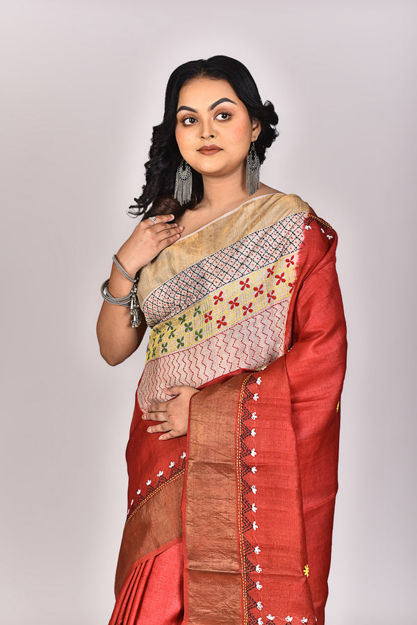 Women's Katan Silk Jari Tussar Lambani Saree With Blouse Piece