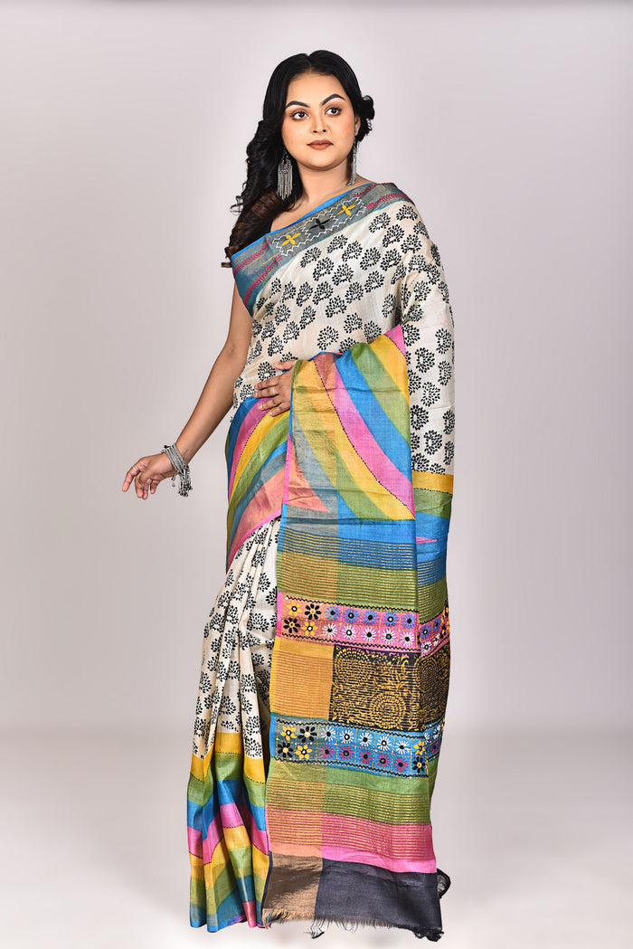 Women's Katan Silk Jari Tussar Lambani Saree With Blouse Piece