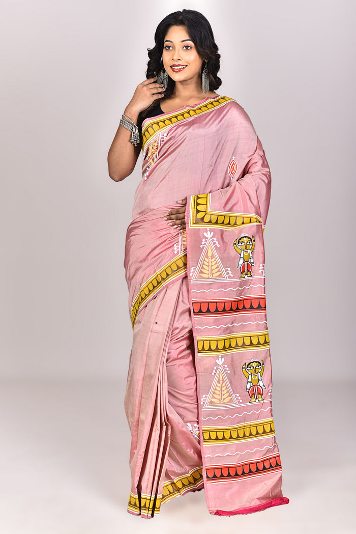 Women's Katan Silk Pattachitra Saree With Blouse Piece