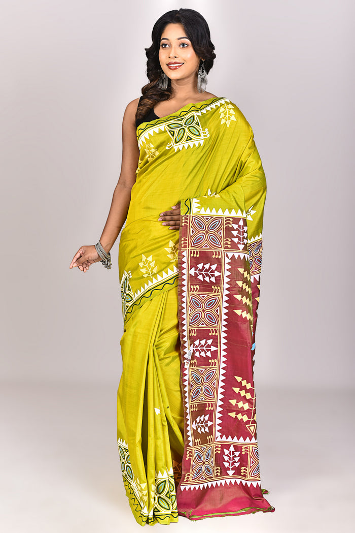 Women's Katan Silk Pattachitra Saree With Blouse Piece