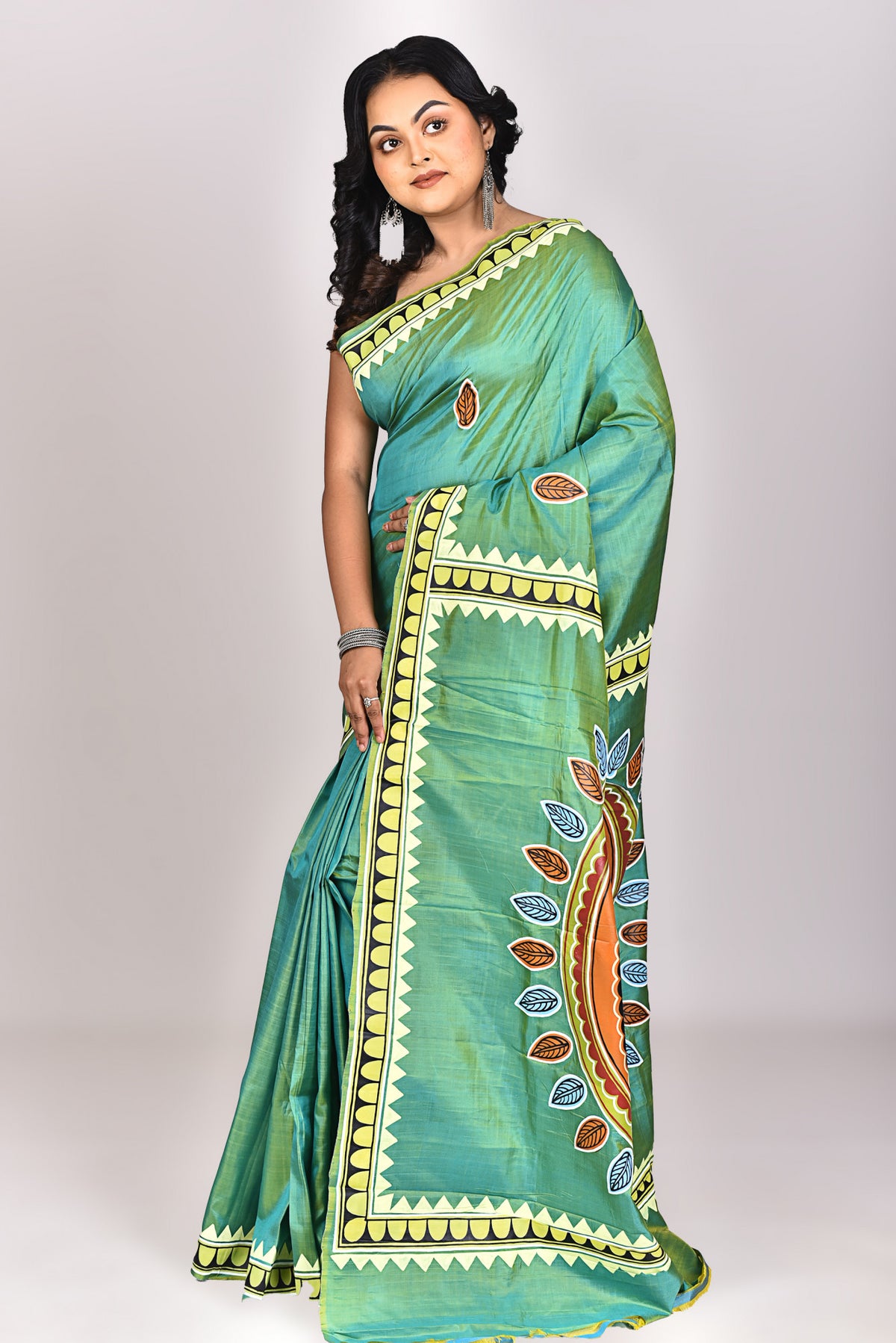 Women's Katan Silk Pattachitra Saree With Blouse Piece