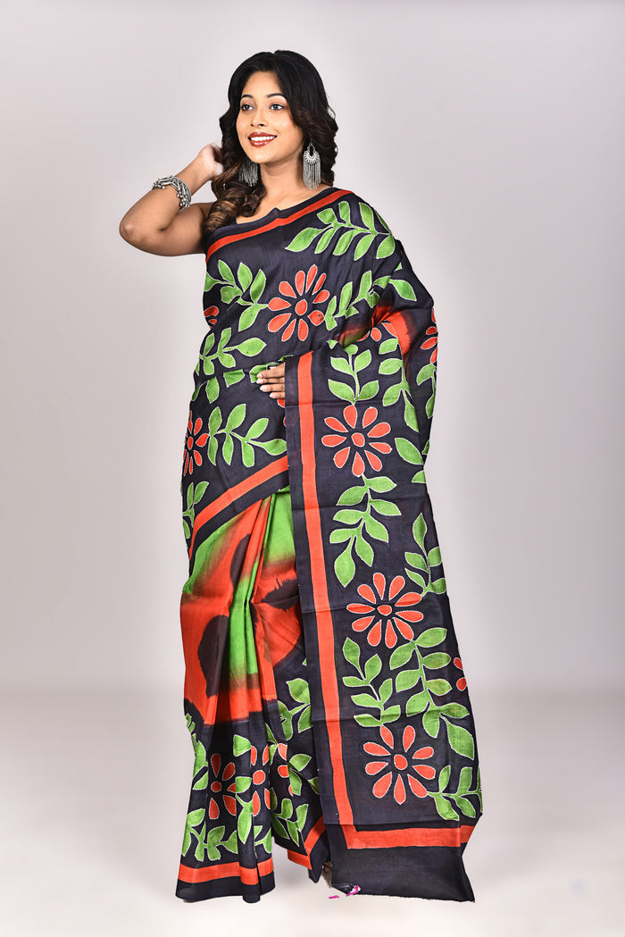 Women's Women's Katan Silk Handprint Saree With Blouse Piece With Blouse Piece