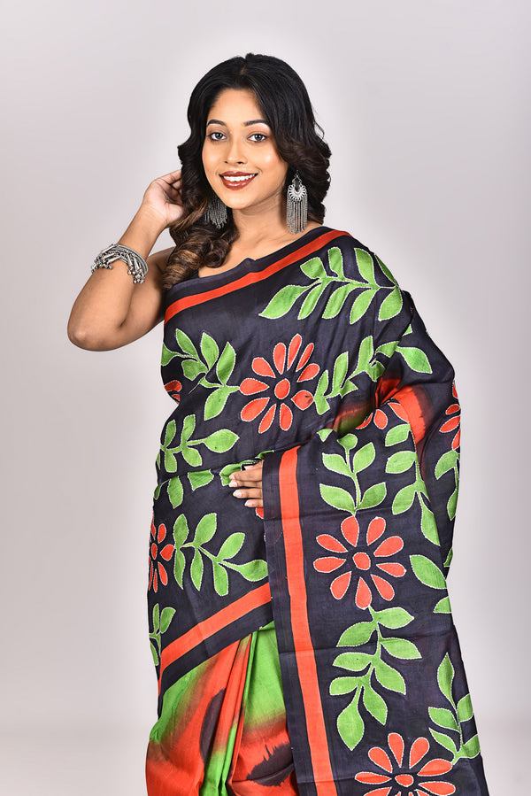 Women's Women's Katan Silk Handprint Saree With Blouse Piece With Blouse Piece