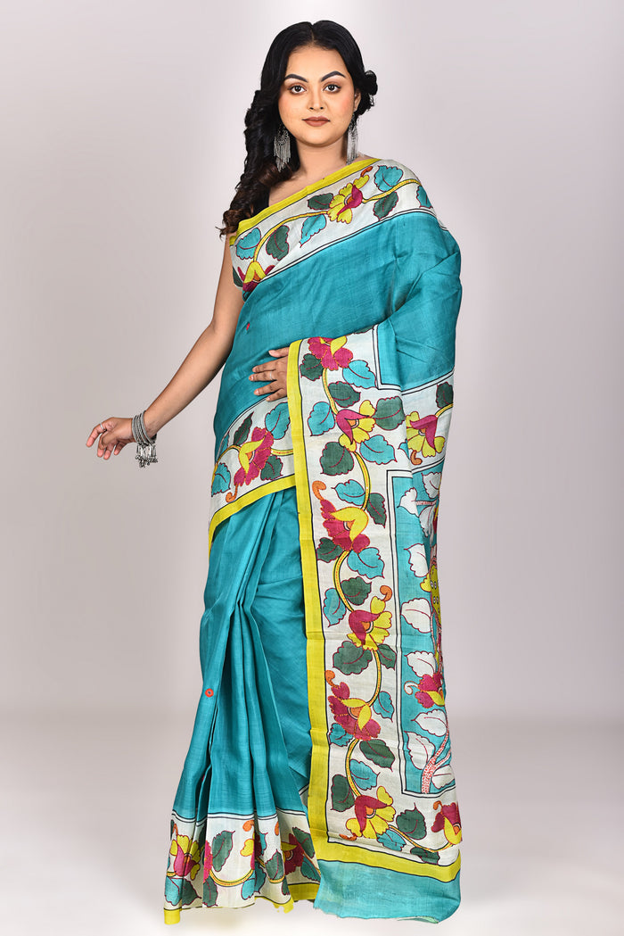 Women's Women's Katan Silk Handprint Saree With Blouse Piece With Blouse Piece