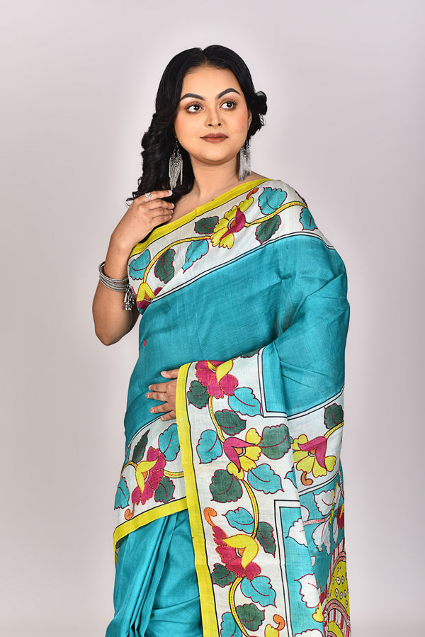 Women's Women's Katan Silk Handprint Saree With Blouse Piece With Blouse Piece